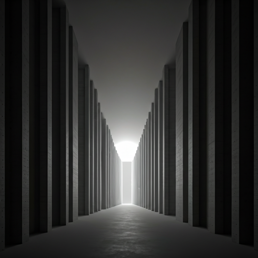 A precise, high-contrast architectural interior. Hard edges, geometric shadows, rigid order.